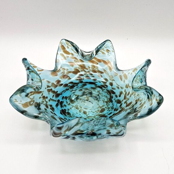 Art Glass Ruffle Bowl Dish Blue Aqua Brown Splatters Murano-like Star Fish - Picture 7 of 12